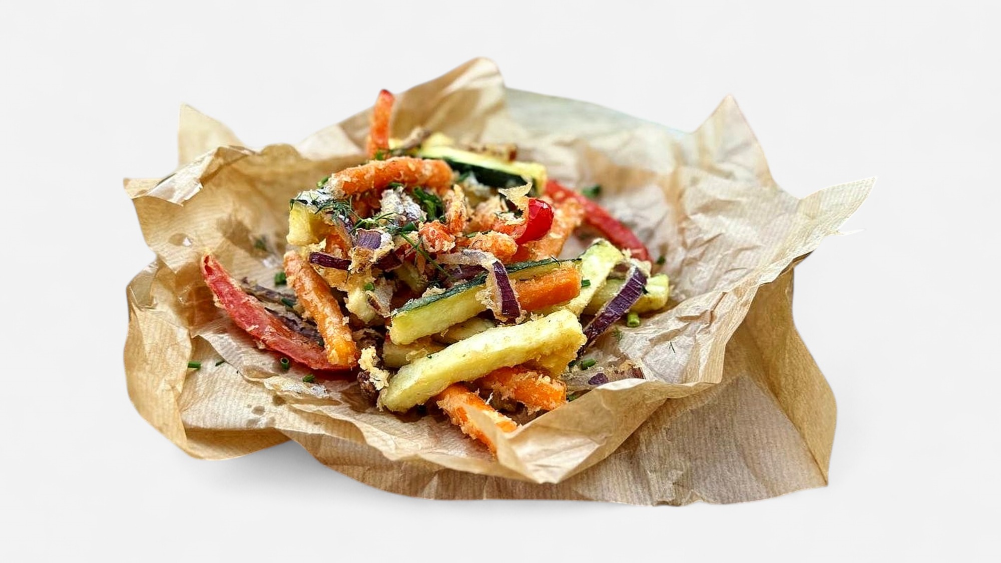 Chrupiące warzywa w tempurze – batat, bakłażan, cukinia, papryka, cebula