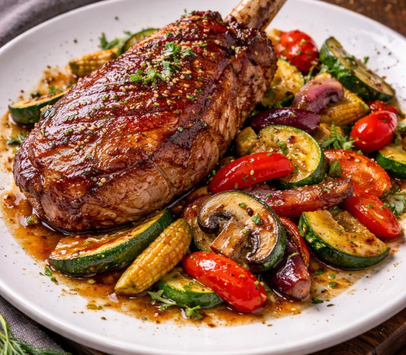 Tomahawk de porc cu legume sote 450 gr