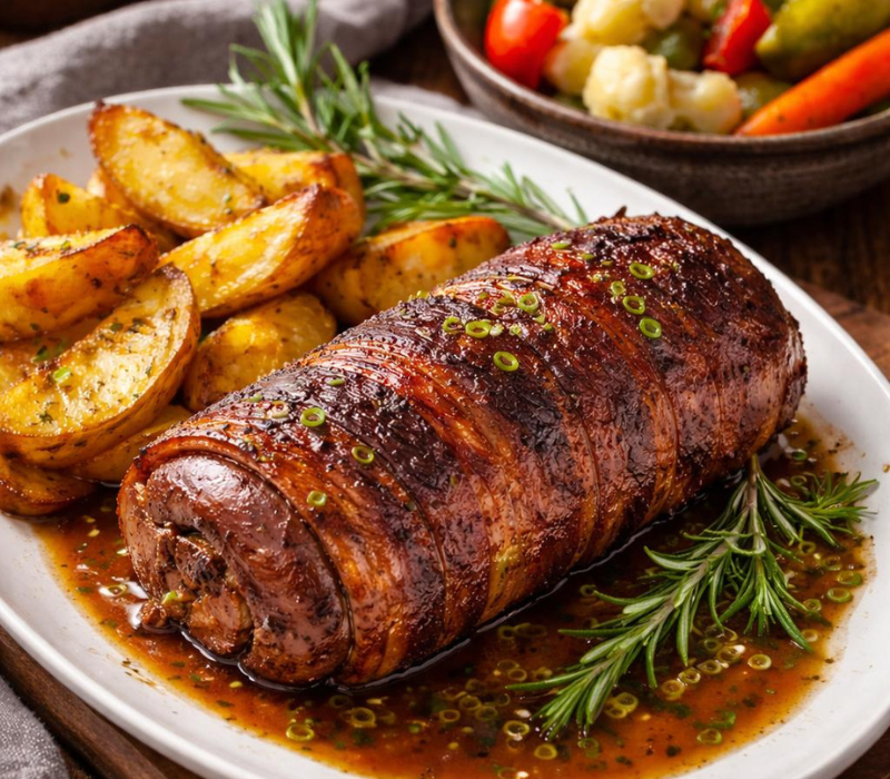 Rulada de ciolan cu cartofi wedges si salata de muraturi 550 g 