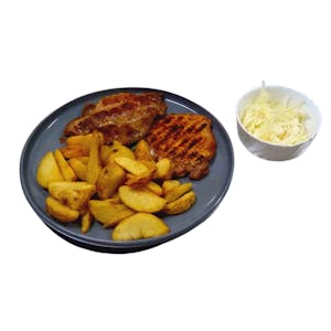 Mix ceafă+cotlet de porc la grătar cu cartofi wedges si salată de varză (540gr)