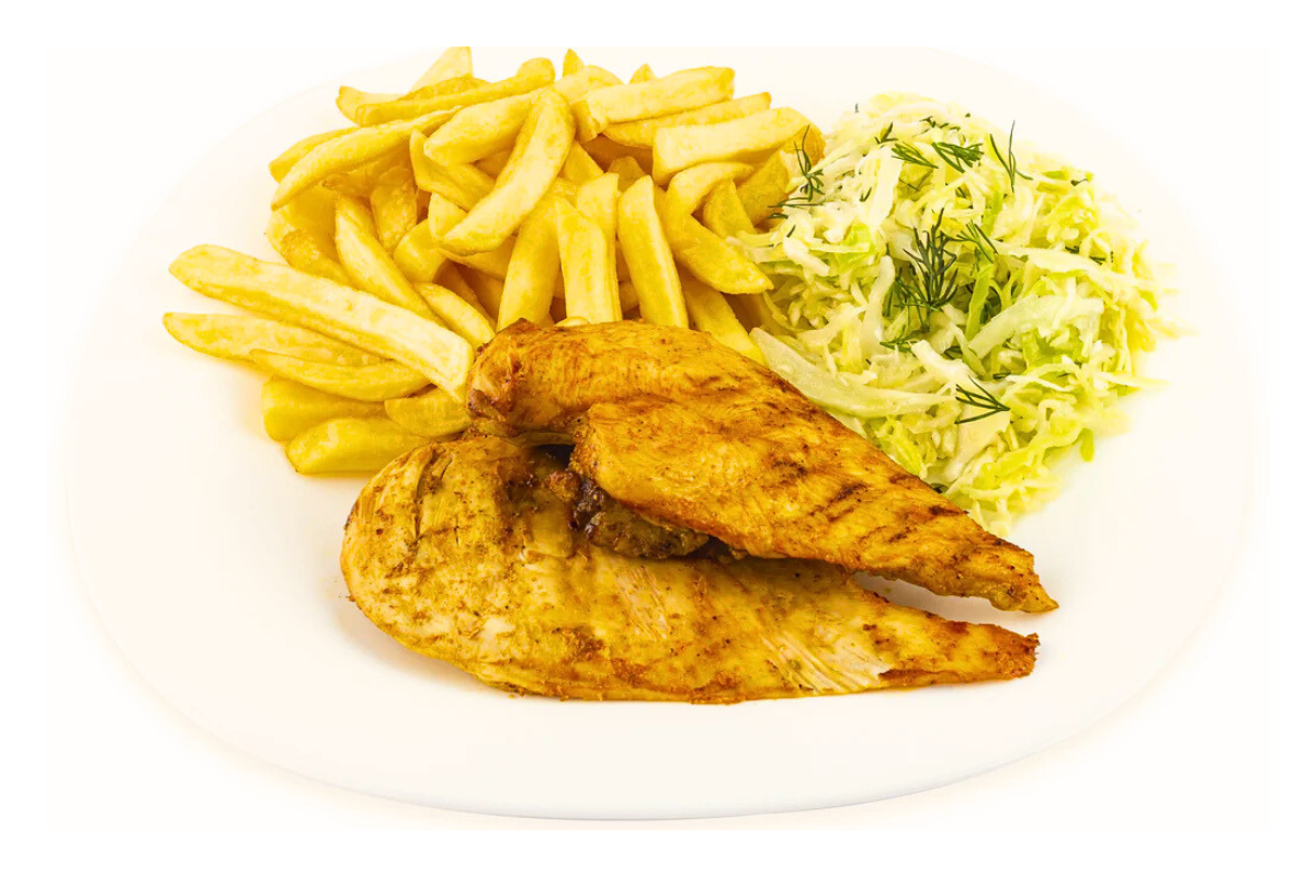 Piept de pui la gratar cu cartofi pai si salata de varza 430 g