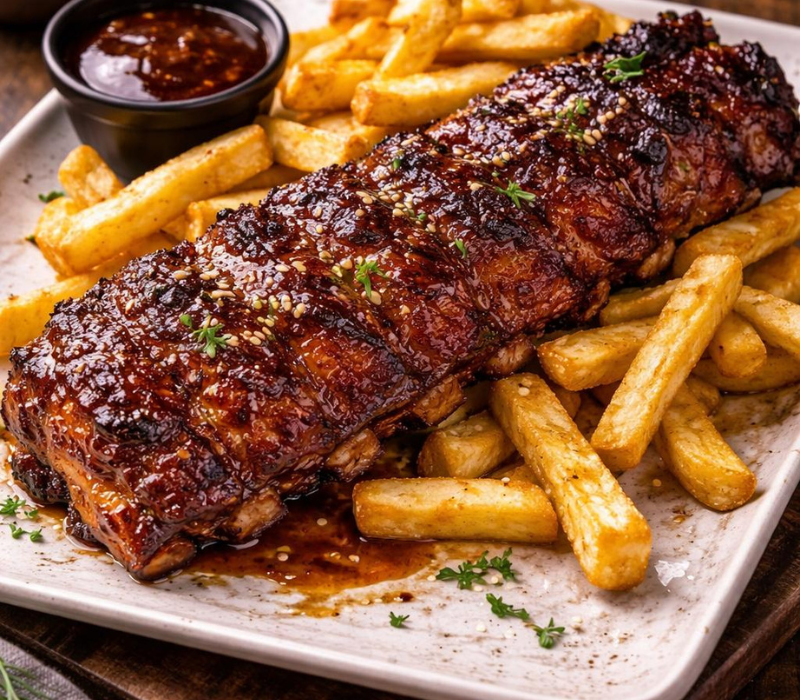 Scarita de porc cu cartofi prajiti si sos bbq 650 g